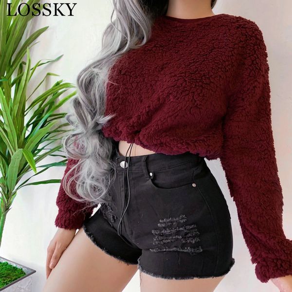 

autumn winter fleece plush crop for women hoodies casaul o neck long sleeve solid pullover warm sweatshirt hoody outerwear 210520, Black