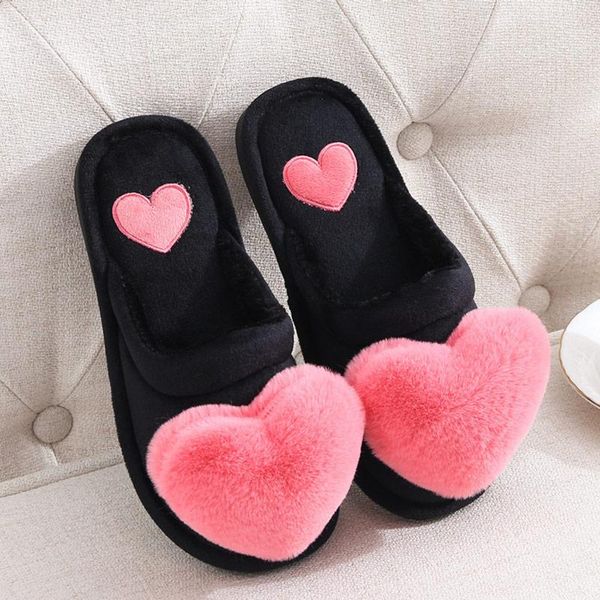 

slippers women indoor warm ladies cotton fashion winter comfortable cute love heart plush flat with non-slip woman slipper 2021, Black