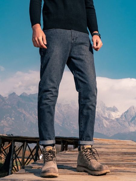 

men slant pocket rolled hem loose fit straight leg jeans j8xj#, Blue
