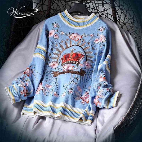 

runway luxury winter knitting pullovers women's floral crown embroidery casual loose blue sweater c-127 210522, White;black