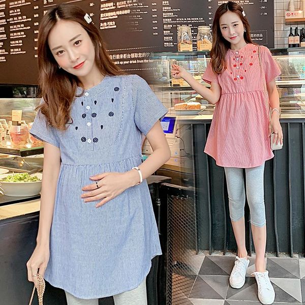 

maternity & tees 906# embroidery vertical stripes blouses summer casual a line ties waist shirt for pregnant women pregnancy tunic, White