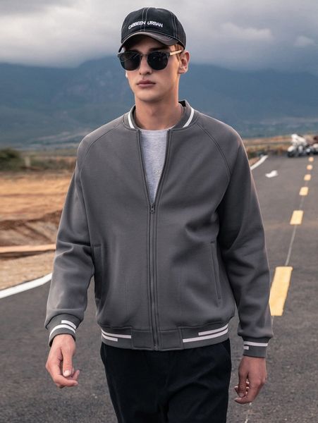 

men striped trim raglan sleeve thermal lined bomber jacket 83y8#, Black;brown