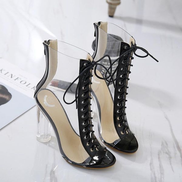 

sandals modern brand high heels women shoes nightclub transparent pvc 2022 cross tied with back zipper zapatos mujer, Black