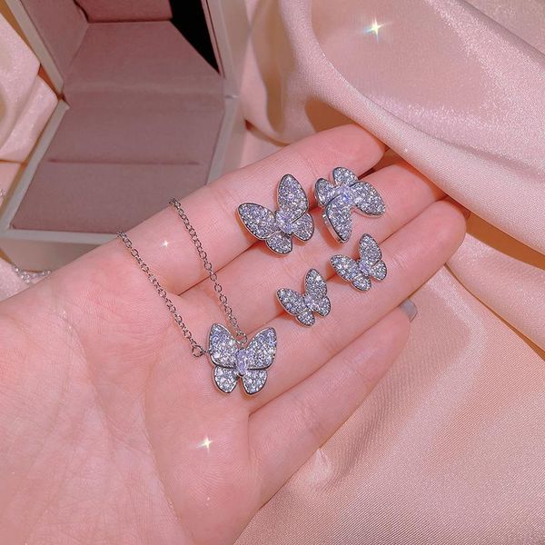 

earrings & necklace 2021 trendy butterfly ring jewelry set for women anniversary gift three-piece, Silver