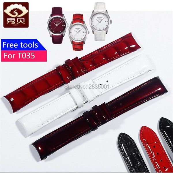 

watch bands fashion lady's 18mm genuine leather watchband shiny colors curved end strap deployment buckle for t-classic t035 ship, Black;brown