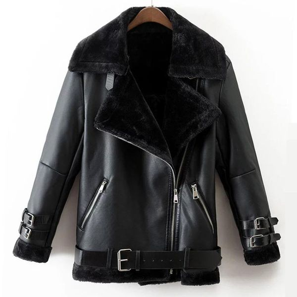 

women's leather & faux luxury women jacket thick fleece fur winter coats windproof short windbreaker female vintage motorcycle, Black