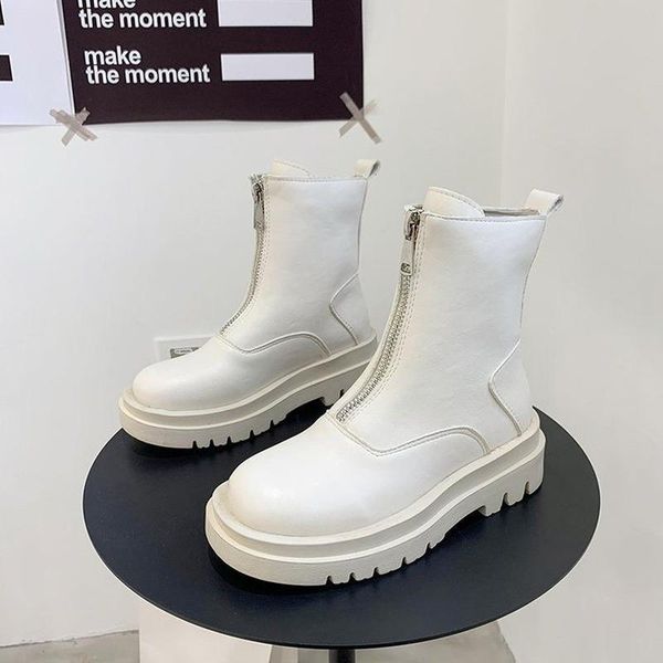 

boots 2021 female women shoes ankle autumn british style leather platform with short motorcycle botas mujer, Black