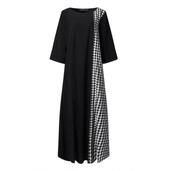 

woman plaid summer dress female black baggy long sleeve kaftan casual loose boho maxi cotton linen women clothing dresses, Black;gray