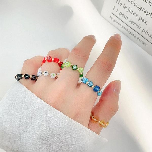 

10colors korea vintage small flower rings women handmade splicing elastic colorful acrylic translucent round beaded finger ring wedding, Slivery;golden