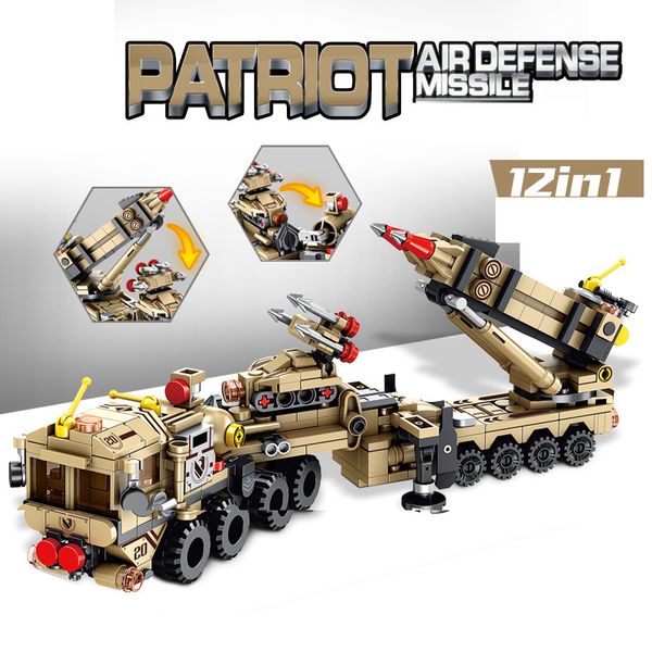

12 in 1 military patriot air defense missile model kits antiaircraft armored truck armoured vehicle building blocks bricks toy