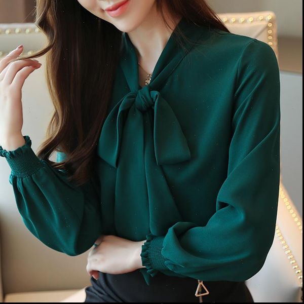 

fashion chiffon long sleeve womens shirts bow collar office and b963, White