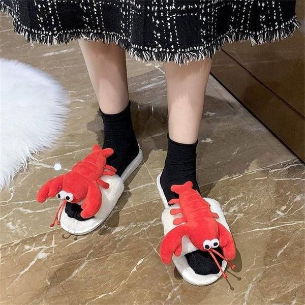 

lobster pattern plush slippers women home cute warm soft comfortable faux fur woman slipper ladies house, Black
