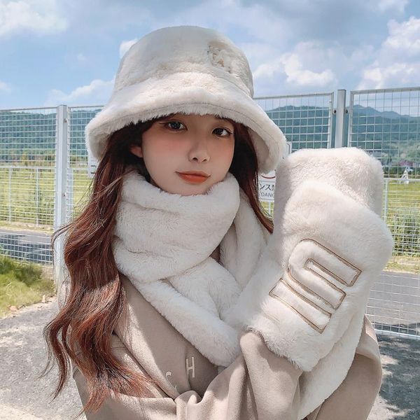 

hats, scarves & gloves sets 2021 autumn and winter cute imitation fur hat scarf three-piece women plush bib all-in-one warm cap, Blue;gray