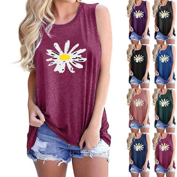 

women's t-shirt vest little daisy print round collar sleeveless loose, White