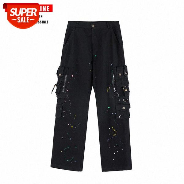 

tkpa dark ink splashing multi-pocket casual trousers men's loose hip-hop stitching overalls #le7x, Black