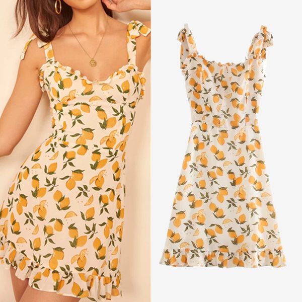 

dresses summer new bohemian white lemon print ear side suspender dress, Black;gray