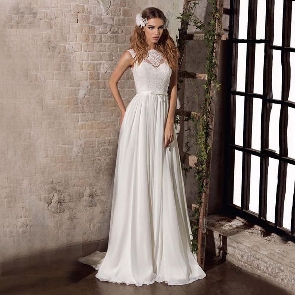 

other wedding dresses simple dress white ivory chiffon a line no sleeve o neck floor length v bow applique illusion button back