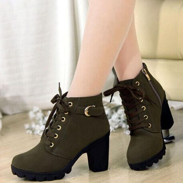 

boots 2021 autumn winter women solid lace-up european ladies shoes pu fashion heels 35-43, Black