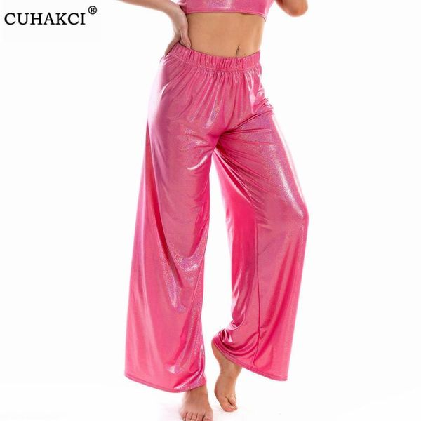 

women's pants & capris cuhakci women wide leg shiny high waist clothes elastic loose long fashion yuga pleated trousers femme, Black;white