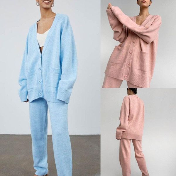 

women's two piece pants 2021 autumn women knitted 2 pieces set sweater suit v-neck single-breasted cardigan + lady tracksuit sets, White