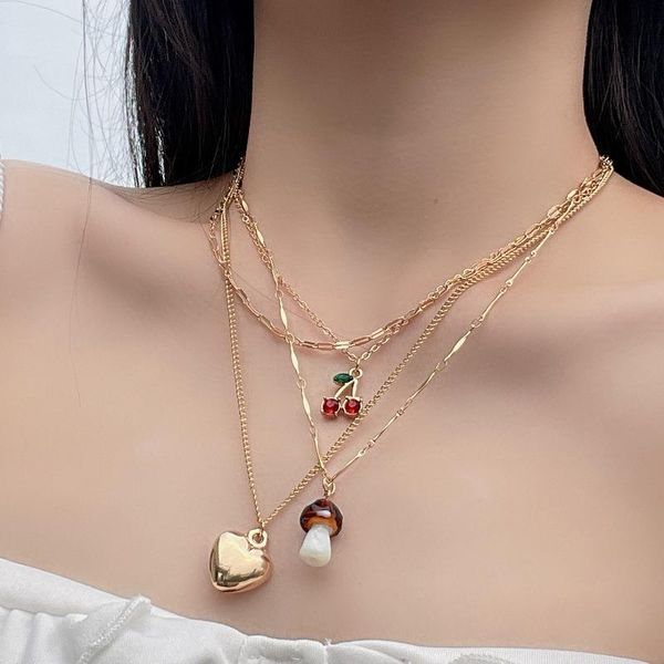 

pendant necklaces gold color multilayer for women handmade heart cherry crystal chains mushroom collares short choker necklace, Silver