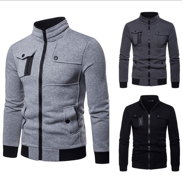 

men's jackets coats stand collar multi-pocket european size jacket casual fashion stand collar sweater men clothing wholesale, Black;brown