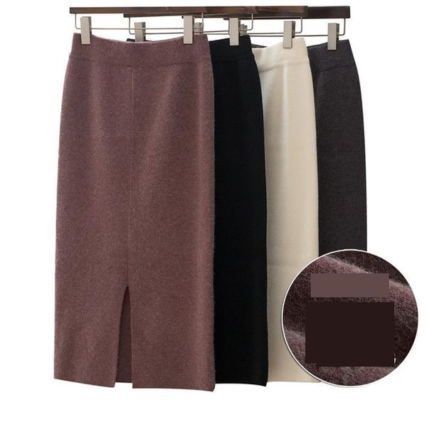 

autumn arrival thickened split fork knitted ladies skirts saias na altura do joelho office womens 210527, Black