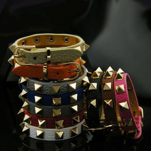 

punk style fashion spike bracelet with pu leather,luxury brand jewelry pyramid rivets bracelets for female wedding gifts q0720, Black