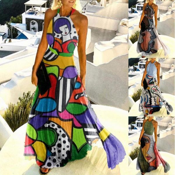 

casual dresses fashion ladies dress 5 colors halter high waist off shoulder abstract painting for summer beach, Black;gray