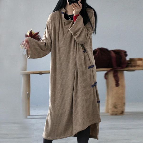 

casual dresses johnature 2021 autumn cotton loose dress long sleeve vintage solid color o-neck button women, Black;gray