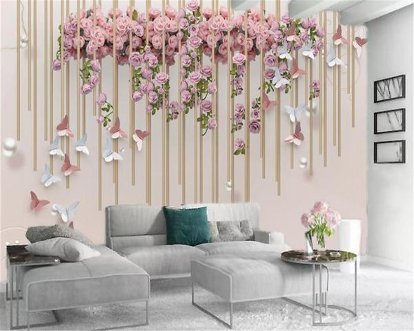 

wallpapers 3d home wallpaper romantic and beautiful pink rose butterfly wind chime digital printing hd decorative