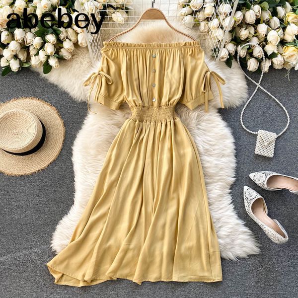 

women off shoulder dress summer slash neck puff sleeve elastic ruched es elegant solid a-line 210512, Black;gray
