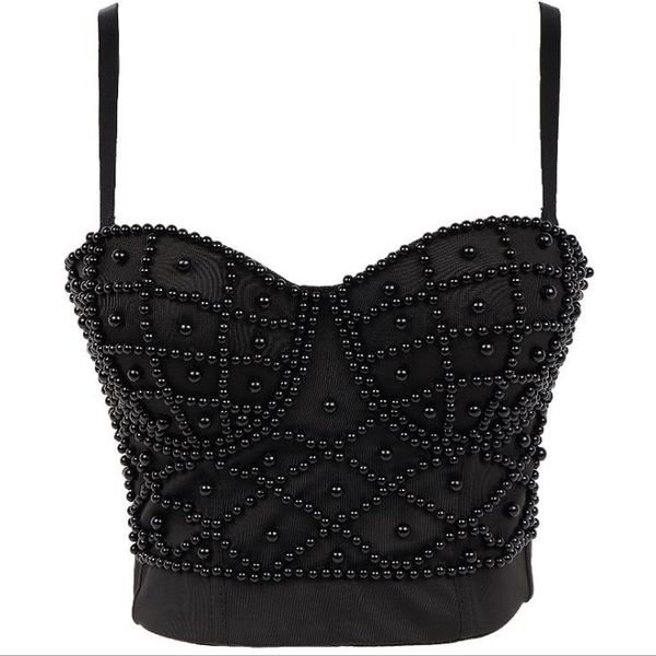 

pearls beaded bustier corset crop camis clubwear party cage push up tanks bra with detachable sash white black xs s  l