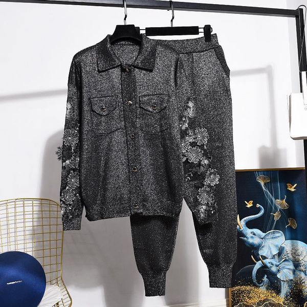 

women's two piece pants black bright silk tracksuits women outfits fashion embroidery flowers knit cardigan sweater long casual 2 set f, White