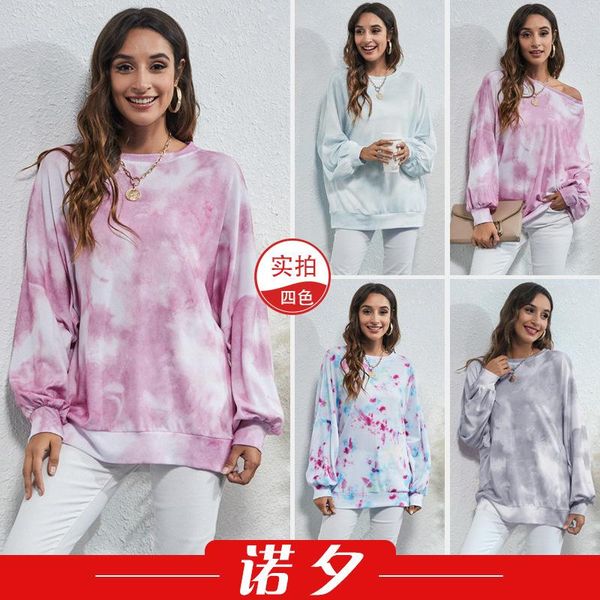 

spring round neck casual versatile loose tie dyed sweater long sleeve a1026 woman tshirts women's t-shirt, White