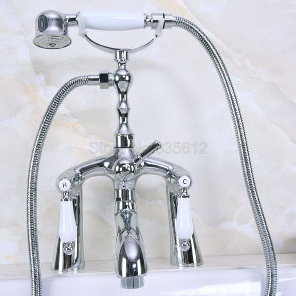 

polished chrome bathroom shower taps deck mounted clawfoot bath tub faucet dual handle mixer tap with handheld wna105 sets