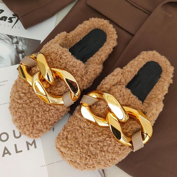 

women slippers design ladies fur slip on metal buckle mule shoes casual winter warm home slipper plush slides flip, Black