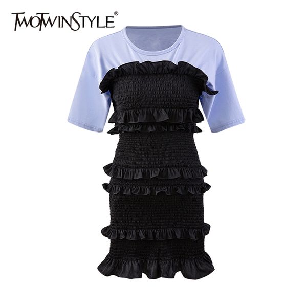 

casual hit color patchwork dress for women o neck short sleeve high waist lace up bowknot mini dresses female 210520, Black;gray