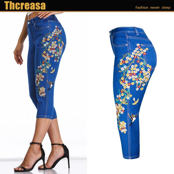 

jeans size female brim pants will see big industry embroidered flower jeans slimming fine all-match ankle, Blue