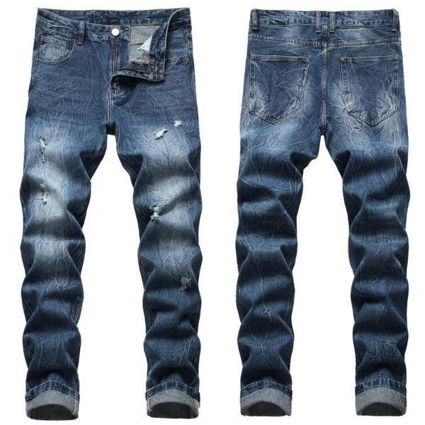 

men's jeans men's loose straight beggar trendy slim ripped pants casual, Blue