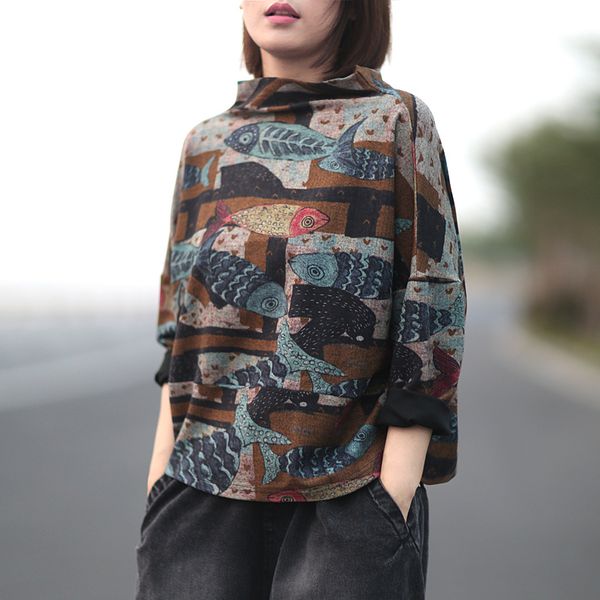 

johnature print floral t-shirts for women autumn vintage cotton 5 color women cloths long sleeve casual t-shirts 210521, White