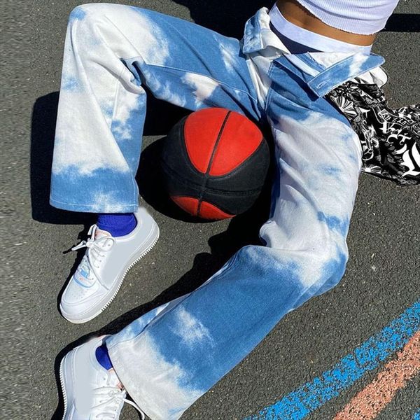 

tie dye print y2k womens jean sweatpants streetwear joggers wide leg pants harajuku aesthetic 90s trousers, Blue