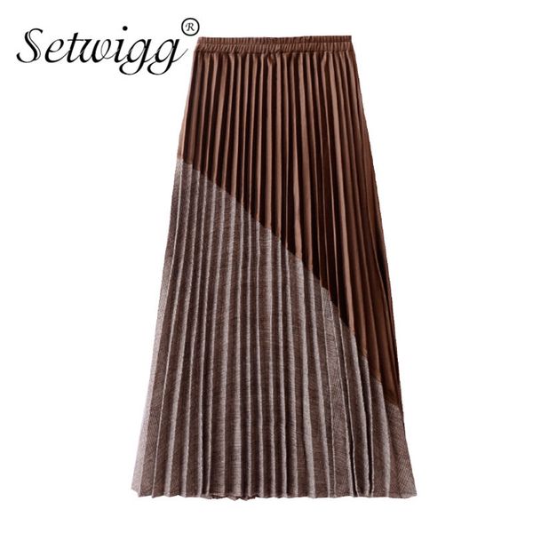

skirts winter pleuche plaid slanting patchwork a-line maxi pleated stretch waist veet ankle long skirts, Black