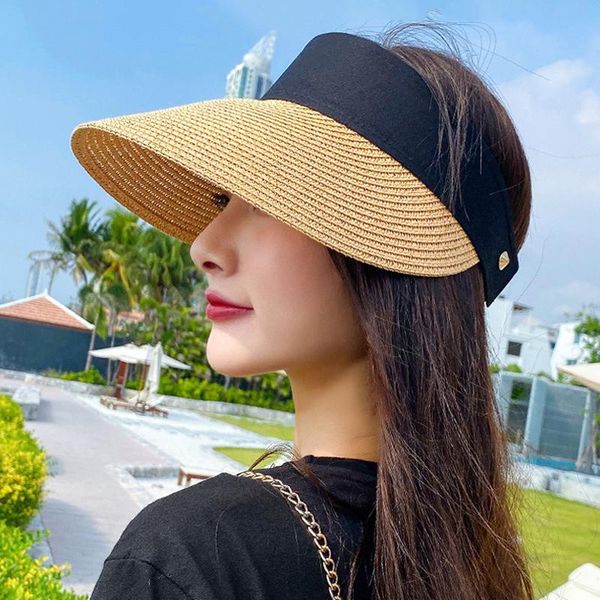 

magic tape women straw hat empty women's wide large brim summer sun protection outdoor sports fishing beach hats, Blue;gray