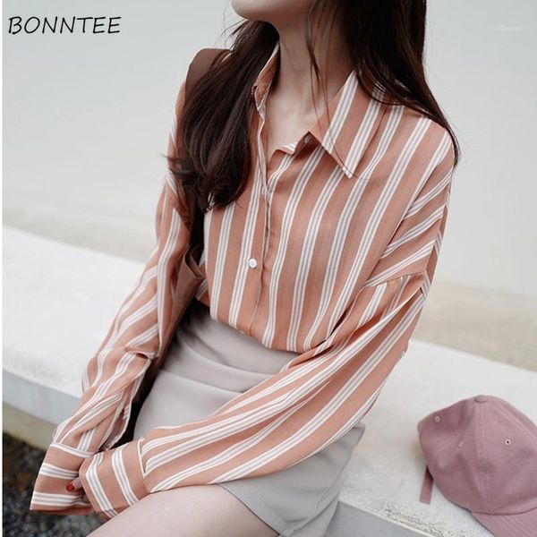 

shirts women harajuku kawaii tender long striped chiffon loose single breasted womens elegant simple breathable korean chic women's blo, White