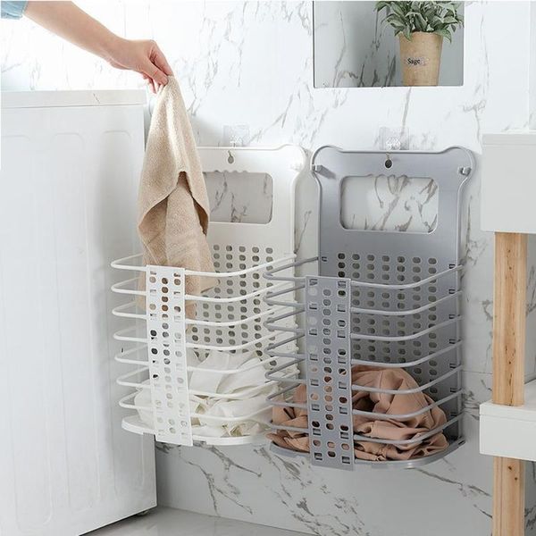 

laundry storage & organization plastic folding basket punch-hamper organizer home accessories with 2 no drilling hooks