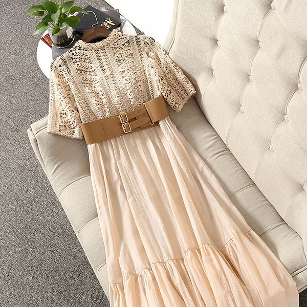 

2021 summer short sleeve round neck light khaki pure color floral embroidery belted mid-calf dress elegant casual dresses 21q082104012, Black;gray