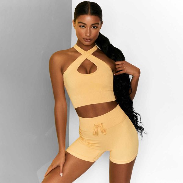 

solid color cross shoulder strap bra waist trouser belt shorts yoga sports tights set women, Gray