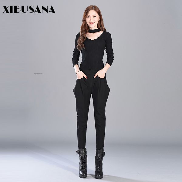 

autumn pants casual high waist harem women regular solid color thicken trousers pockets elastic female 210423, Black;white