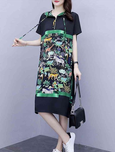 

plus size summer hoody women dress short sleeve animal print hoodied, Black;gray